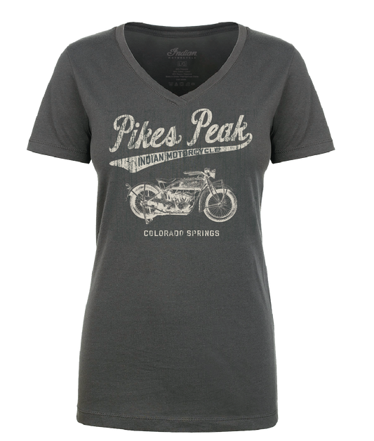 Ladies V-Neck Pikes Peak Vintage Script - Grey