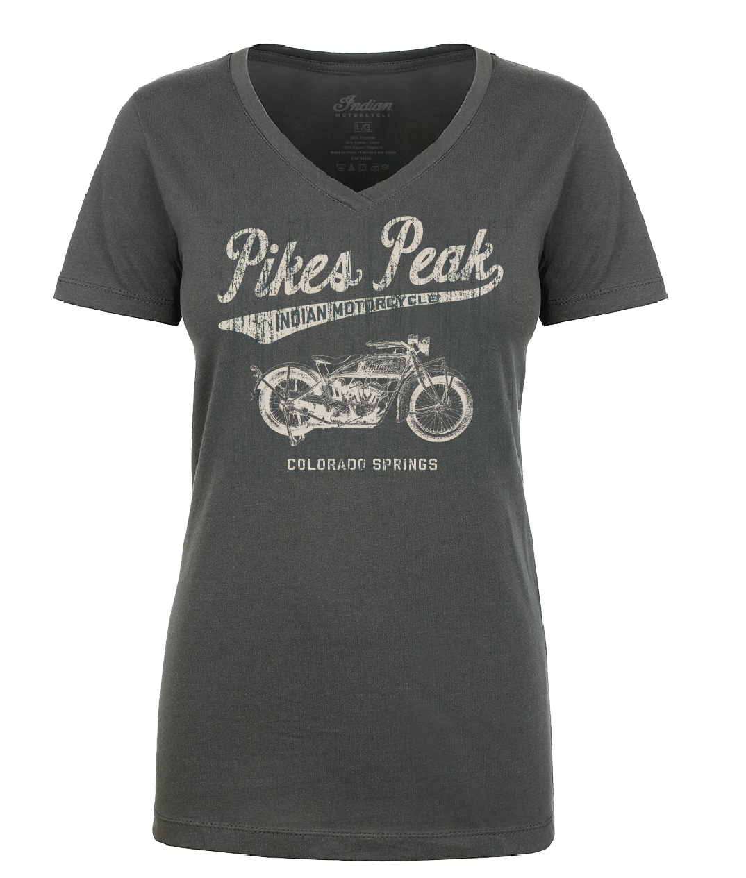 Ladies V-Neck Pikes Peak Vintage Script - Grey