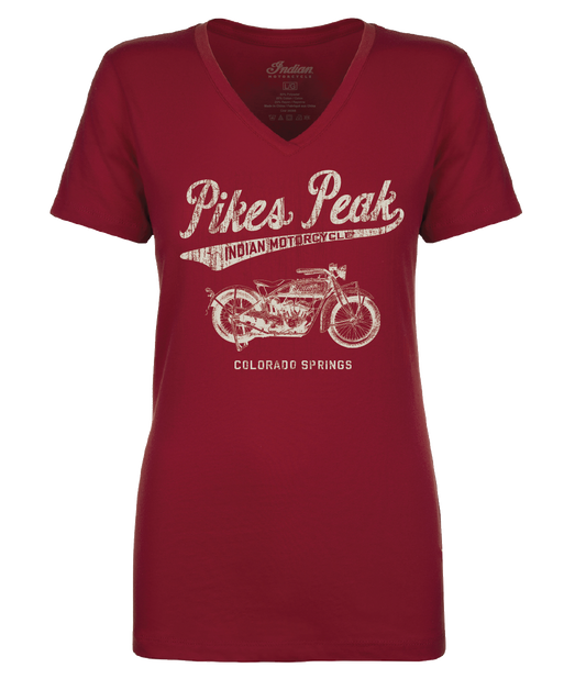 Ladies V-Neck Pikes Peak Vintage Script - Red