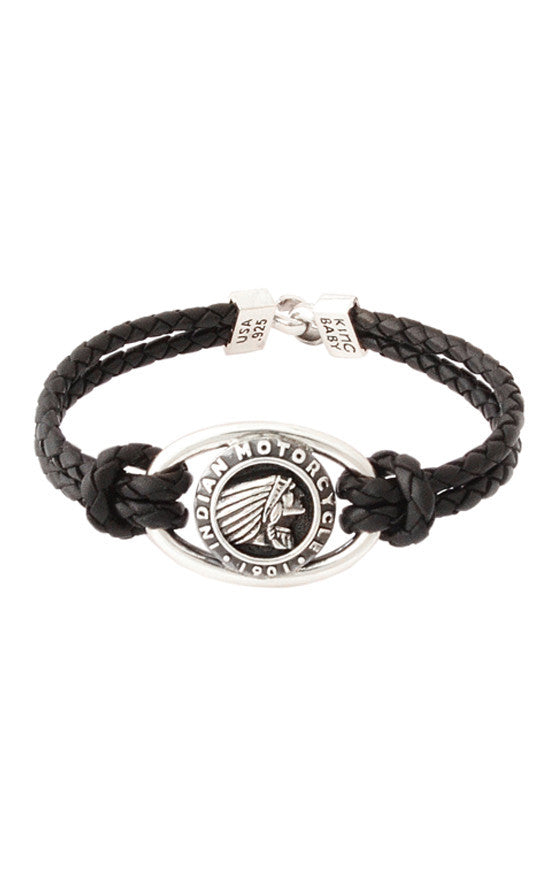 Double Black Leather Braid Bracelet with Indian Icon and Hook Clasp