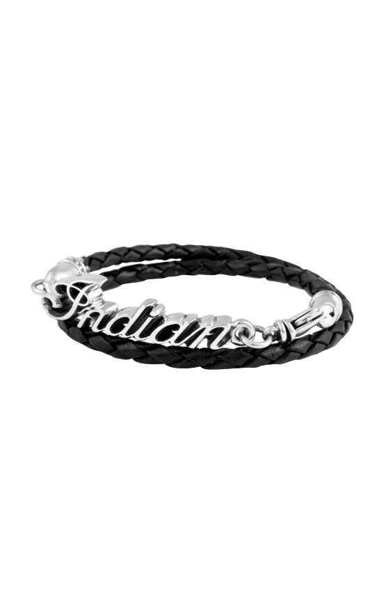 Thin Braided Black Leather Indian Script Logo Double Wrap Bracelet