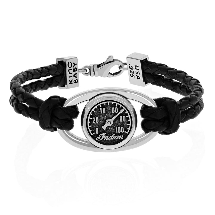 Indian Motorcycle Double Leather Braid Bracelet w/ Speedometer Icon and Lobster clasp